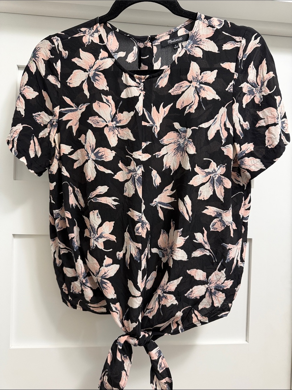Madewell Silk Black Top with Soft Pink Floral Tie-Front size S